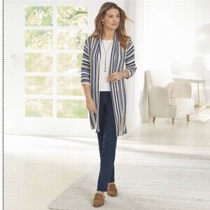 NorthStyle Blue Striped Mixed Yarn Open Drape Front Lightweight Long Cardigan